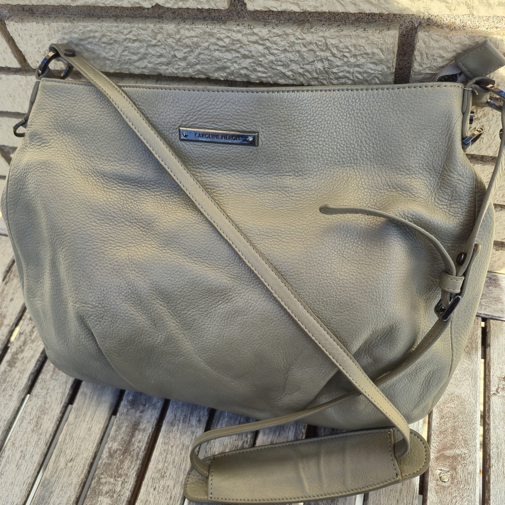 Caroline Néron Bag | Metallic Taupe Leather Hobo Shoulder Bag Sage Green Tones